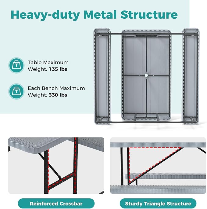 Giantex Picnic Table Bench Set for 4 People, 4.5FT Outdoor Rectangular Dining Table & 2 Benches w/Umbrella Hole, HDPE Tabletop, Metal Frame, Patio Garden Backyard Poolside (4.5FT,Non-Foldable,Gray)