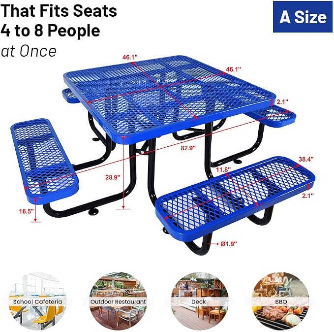 46" Thermoplastic Picnic Table with Umbrella Hole up to 1.5", Heavy Duty Commercial Picnic Table for Outdoor, Family & Party Ready for School Camping, Square, Blue