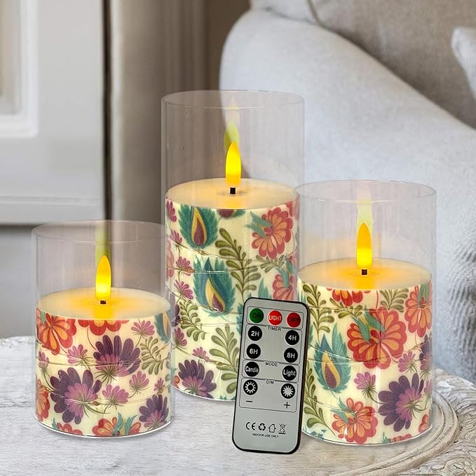 Flickering Flameless Candles, Recessed String Light LED Candles 3D Wick Acrylic Battery Operated LED Pillar Candles with Remote and Timer for Modern Simple Home Decor Set of 3(Floral Printed)