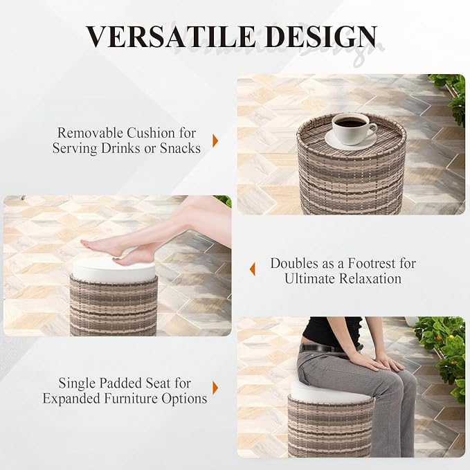 Cabana Chic Nesting Tables with Ottomans, Outdoor Round Side Table, Nesting Coffee Table Set, 2 Tables 1 Ottoman, Brown/Beige
