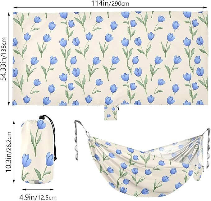 Camping Hammock Outdoor Hammocks for Outside Blue Tulip Cream Beach Trees Portable Lightweight with Pockets Tree Straps Indoor