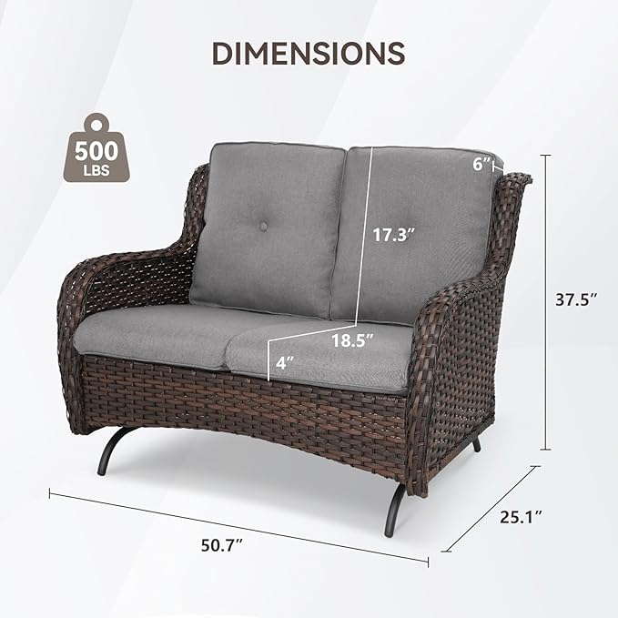 Patio Loveseat Wicker Loveseat Rattan Glider Sofa with Curved Armrest Thicking Back & Seat Cushions for Garden Balcony Backyard Brown Wicker|Grey Cushions (A) Patio Loveseat Glider