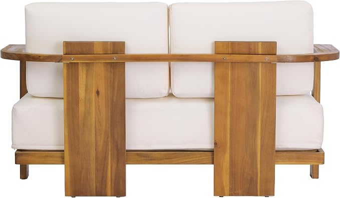 Christopher Knight Home Stella Acacia Wood 4 Piece Patio Furniture Set, Wooden Patio Conversation Set with Club Chair+Coffee Table, 4-Seater Outdoor Loveseat Sofa + Armchair and Table Set, Teak+Beige
