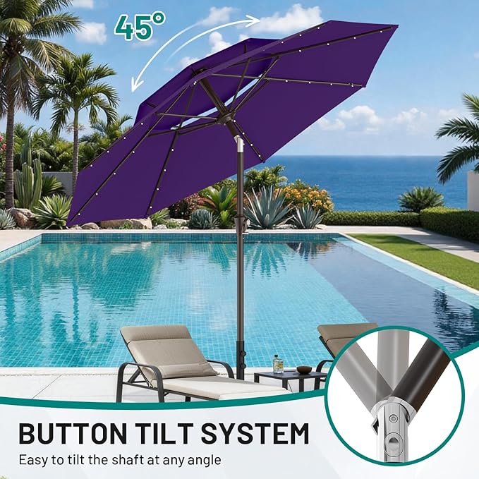 AreShark 9ft 2 Tiers Patio Umbrella with Solar Lights, Outdoor Umbrella w/ 32 LED Lights&8 Sturdy Ribs, Table Umbrella for Deck, Backyard, Pool(Dark Purple)