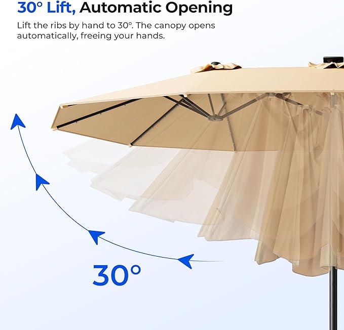 HOMSHADE 15FT Motorized Electric Large Patio Umbrella with Base and Solar Lights Outdoor, Double-Sided Rectangle Umbrella with Remote Control, 30° Auto-Open for Pool Deck Table Market Backyard, Beige