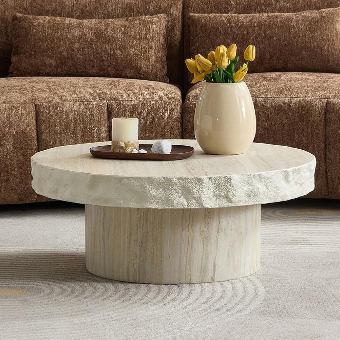 31.69" Travertine Coffee Table Round Faux Stone Coffee Table for Living Room, Modern Faux Marble Pattern Top with Wooden Pedestal Unique Center Tables, Magnesium Oxide, No Assembly,Beige