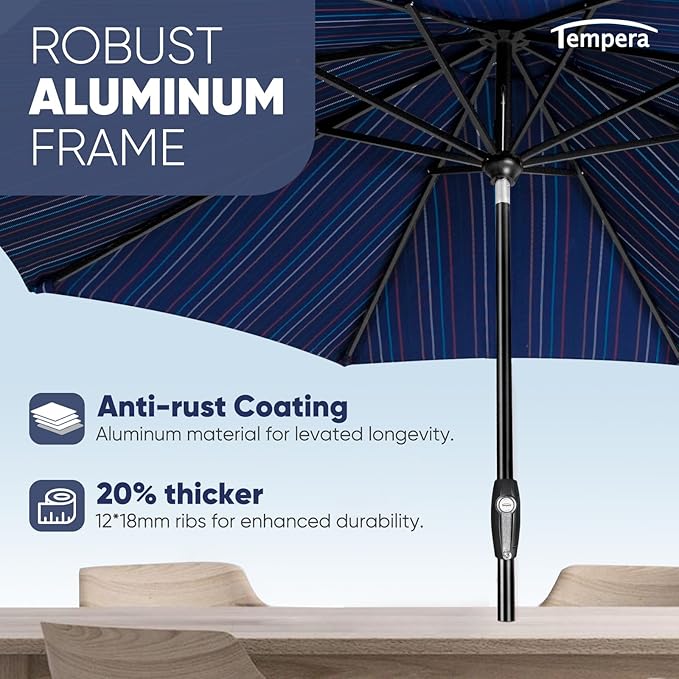 Tempera Patio Market Outdoor Table Umbrella with Auto Tilt and Crank, Large Sun Umbrella with Sturdy Pole & Fade Resistant Canopy, Easy to Set