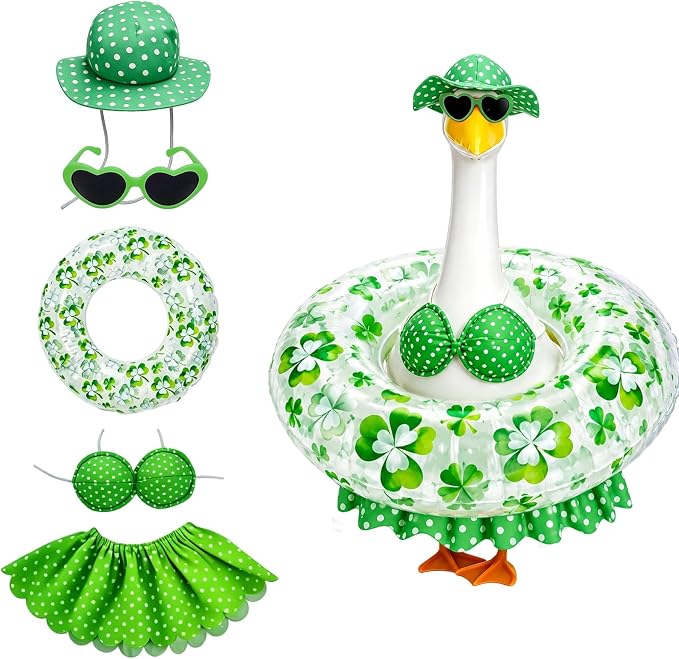 Hawaiian Porch Goose Outfit, Summer Bikini Costume with Sunglasses & Wreath, Fits 23" Goose Statue, Garden Lawn Patio Yard Outdoor Decoration (Green)