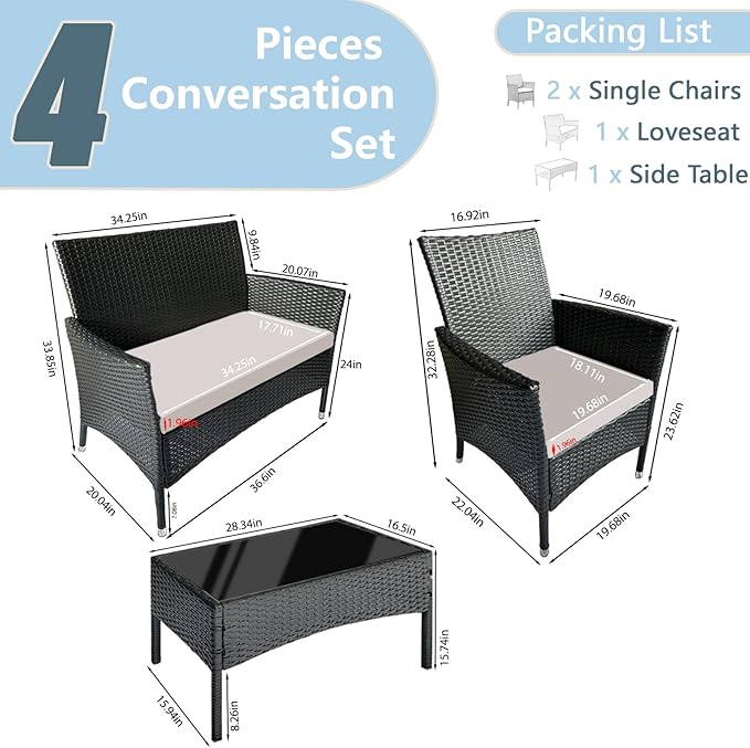 PatLoom 4-Piece Outdoor Furniture Set,Dark Brown Rattan Wicker Patio Sofa,Elegant Patio Conversation Set with Glass Top Coffee Table for Garden, Backyard, Poolside, Balcony (Beige Cushions)