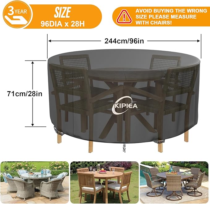 Kipiea Round Patio Table cover Waterproof, Heavy-Duty Round Patio Furniture Covers, No Tears Anti UV No Fading (96" Dia x 36" H)