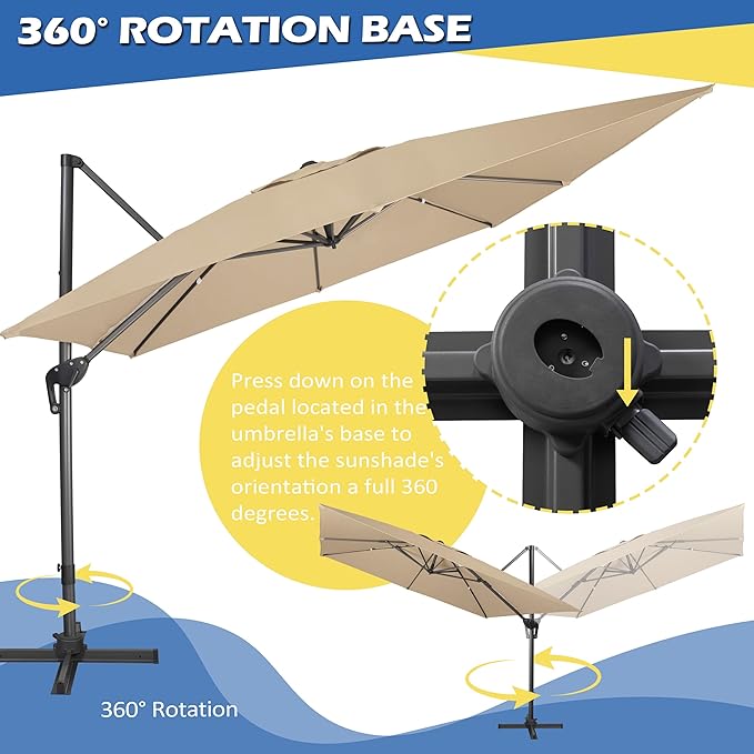 Sunnyglade 10x10Ft Cantilever Patio Umbrella Square 360° Rotation & Integrated Tilting System Offset Umbrella with 8 Sturdy Ribs, Fade-resistant & Waterproof for Garden Backyard Poolside Deck