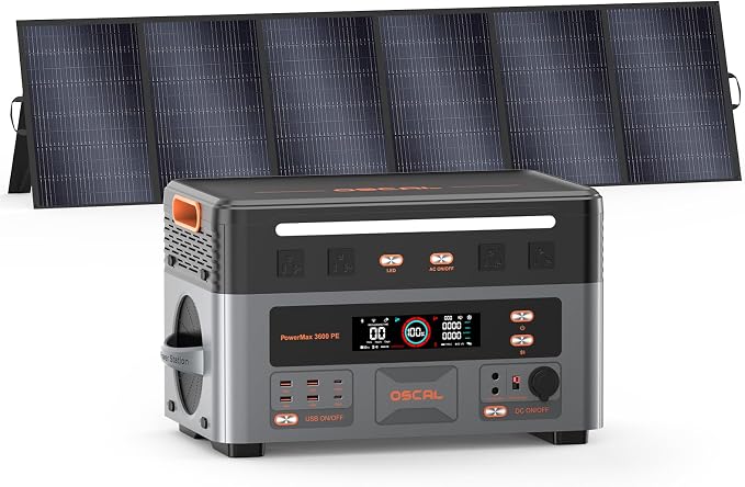 OSCAL 3600W Portable Power Station PowerMax 3600 PE with 500W Solar Panel, 2016Wh Solar Generator, 1.5H Fast Charge, LiFePO4 Battery Power Station for Home Backup, RV, Emergencies