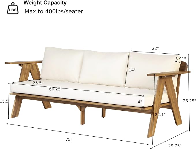Christopher Knight Home Dina 5-Piece Patio Furniture Set For 8, Acacia Wood Outdoor Conversation Set with Coffee Table, Outdoor 3-Seater Sofas And Club Chairs Set With Cushions for Backyard,Teak+Beige