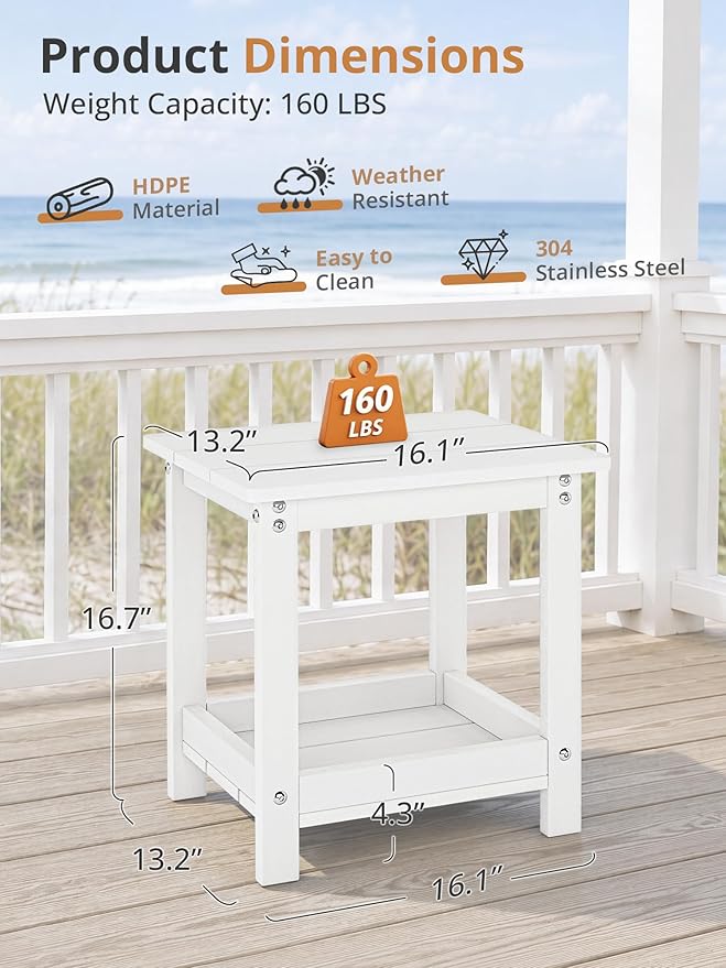 LUE BONA Outdoor Side Table, 2-Tier HDPE Small Outdoor End Table with Rail for Patio, Deck, Poolside, Low Maintenance & Weather Resistant, White