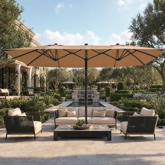 15FT Rectangular Twin Patio Umbrella with Base Included, Double-Sided Outdoor Sun Shade with Crank Lift for Backyard, Deck & Lawn, Khaki