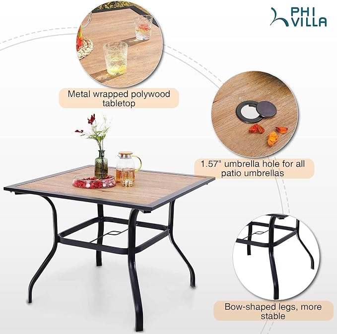 PHI VILLA Patio Dining Set,4 Stackable Chairs& 37" Square Metal Table | Outside Furniture Set for Patio, Deck, Backyard, Porch