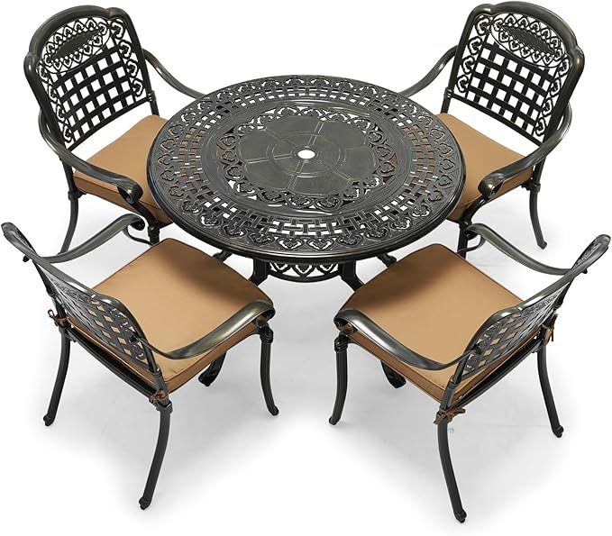 VIVIJASON 5-Piece Patio Furniture Dining Set, All-Weather Cast Aluminum Outdoor Conversation Set, Include 4 Cushioned Chairs and 1 Round Table w/Umbrella Hole for Balcony, Lawn, Garden, Backyard