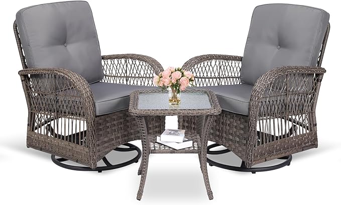 MEETWARM 3 Pieces Outdoor Wicker Swivel Rocker Patio Set, Rocking Chairs Rattan Patio Furniture Sets with Thickened Cushion and Glass-Top Coffee Table, Conversation Bistro Set for Porch (Gray)
