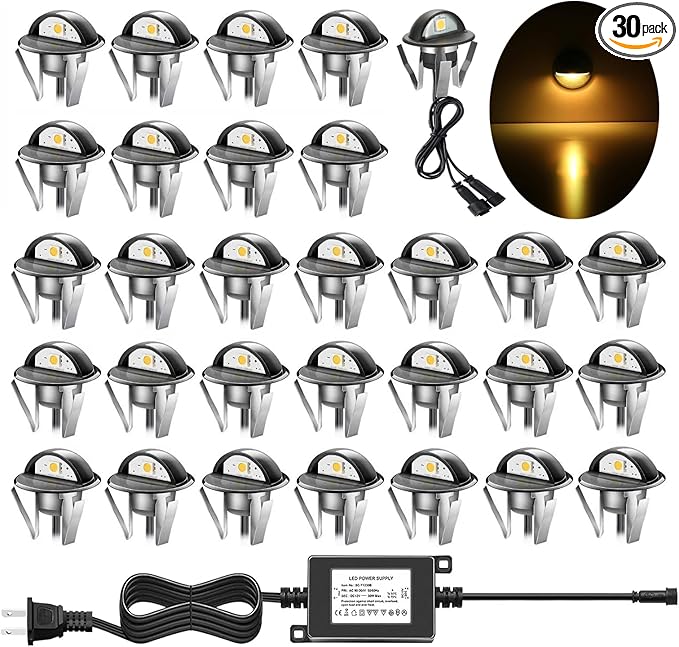 30pcs LED Deck Lights Low Voltage IP65 Waterproof Recessed LED Deck Lighting, Half Moon F1.38 Yard Garden Patio Step Landscape Pathway Decor Lamps, Warm White