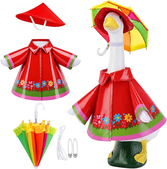 DECOHS 3 Pcs/Set Raincoat Porch Goose Outfits, Summer Lawn Goose Statue Costume with Rainbow Umbrella and Hat, Yard Geese Clothes for 23" Statue Patio Garden Decoration (Red Flower)