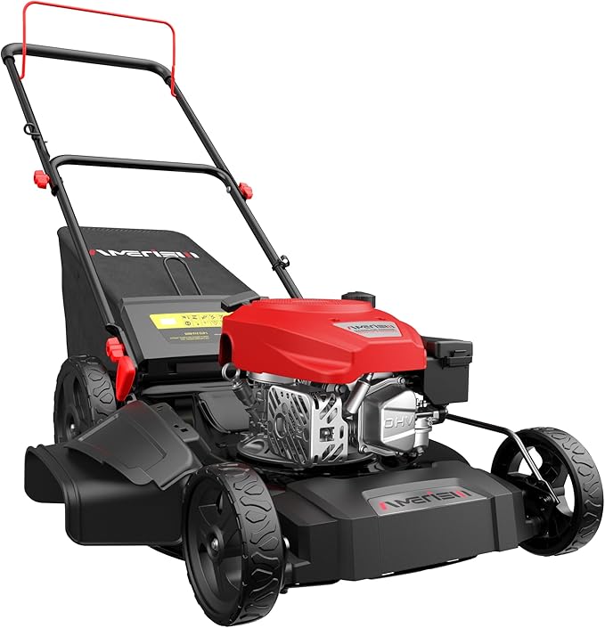 AMERISUN Gas Lawn Mower 21-Inch, 144cc Walk Behind Push Mower with 3-in-1 Mulching, Rear Bag & Side Discharge, 6-Position Adjustable Cutting Height, Heavy-Duty Steel Deck for Yard & Garden Care