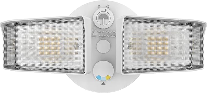 Lithonia Lighting HomeGuard 2-Light LED Outdoor Flood Lights, Outdoor LED Lights, Dusk to Dawn Sensor, Adjustable Lumens, Selectable Color, Square Heads, White (HGX LED 2SH ALO SWW2 120 PE WH M2)