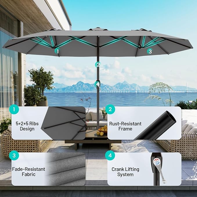 AreShark 15ft Patio Umbrella with Base, Double Sided Outdoor Umbrella with 12 Fiberglass Ribs, Large Outdoor Umbrella for Garden, Pool, Deck, Backyard & Market, Grey