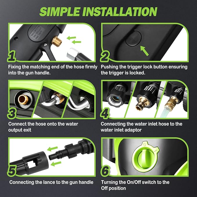 DNA Motoring TOOLS-00232 Up to 2176 PSI Pressure 2.4 GPM Max Flow Electric Pressure Washer for Yard and Car Cleaning with Spray Nozzle Foam Bottle + 4 Turbo Nozzles IPX5 Driveway Patio Deck(Green)