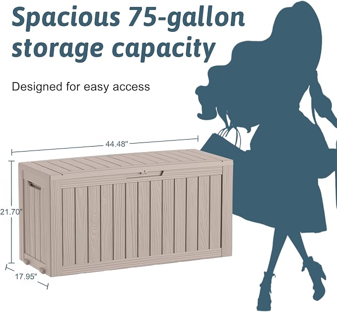EasyUp 75 Gallon Outdoor Storage Box, Waterproof Space-Saving Resin Deck Box with Wheels for Patio Furniture, Outdoor Cushions, Garden Tools and Pool Floats (Grey, 75 Gallon)