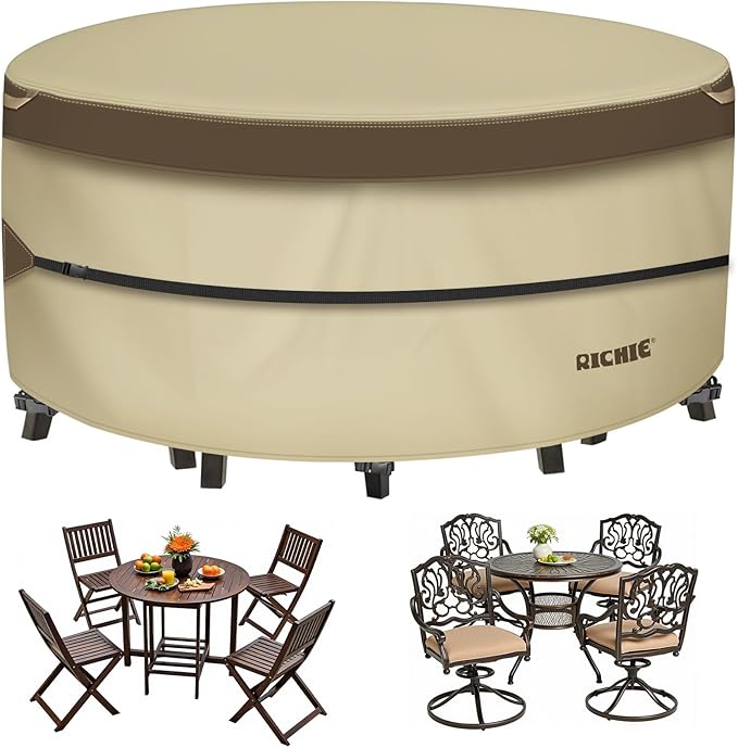 RICHIE Outdoor Patio Furniture Cover - Heavy Duty Waterproof 600D Tough Canvas Protector for Round Table Cover, All-Season Dining Table and Chair Covers (96"DIAx28"H)