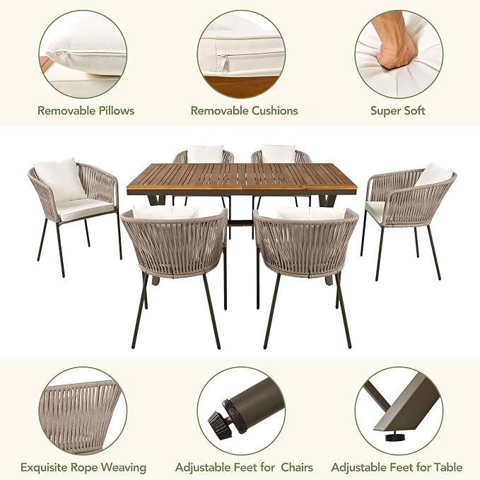 7 Pieces Patio Dining Set, All-Weather Outdoor Furniture Set with Dining Table and Chairs, Acacia Wood Tabletop, Metal Frame, for for Garden, Backyard, Balcony, Beige