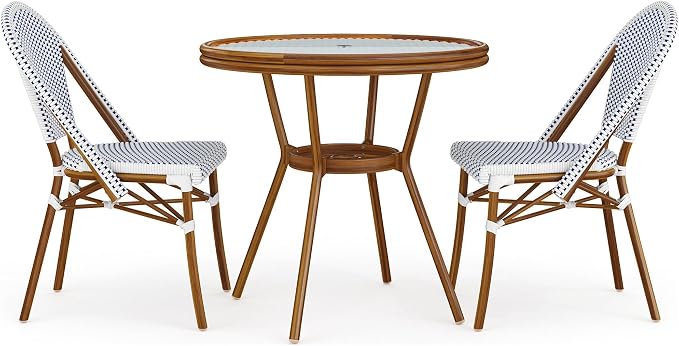 Martha Stewart Lily Pond 31” Round Indoor-Outdoor Bistro Dining Table with Aluminum Frame in Natural Woodgrain and Rattan Top in White/Navy with Tempered Glass Top