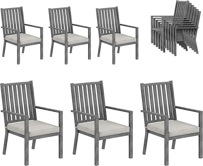RoyalCraft Aluminum Outdoor Patio Chairs Set of 6, Outdoor Chairs with Waterproof Cushions, Outdoor Dining Chairs with Armrests, Metal Patio Furniture Set for Porch, Balcony, Deck, Backyard, Grey