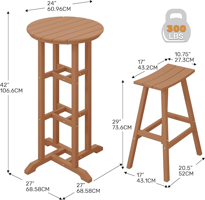 Costaelm Outdoor Bar Table, 42" Counter Height Round Patio Cocktail Bar Table, Patio Bar Table 3-Pieces Set Bistro Dining Table Pub Table for Deck, Backyard, Garden, Teak