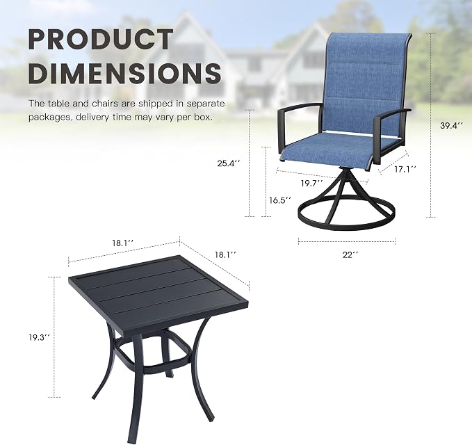 Outdoor Dining Set for 2, 18.1" Metal Square Outdoor Side Table and Padded Textilene Patio Swivel Chairs, 3 Pieces Patio Table and Chairs Set for Garden Backyard, Dark Blue and Black