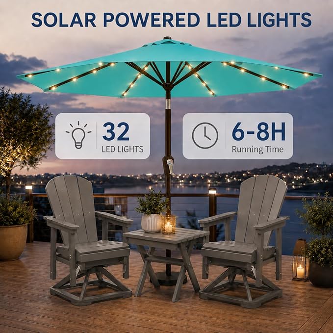 10FT Solar Patio Umbrella with Lights, Outdoor Table Market Umbrella with 32 LED Lights, 8 Sturdy Ribs, Push Button Tilt and Crank for Pool, Deck and Garden, UV-Resistant