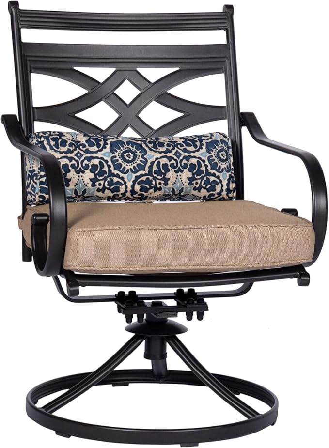 Hanover Montclair 3-Piece Patio Conversation Set, 2 Swivel Rocker Chairs with Comfortable Seat and Lumbar Cushions, 27" Square Stamped Rectangle Table, All-Weather Outdoor Bistro Set