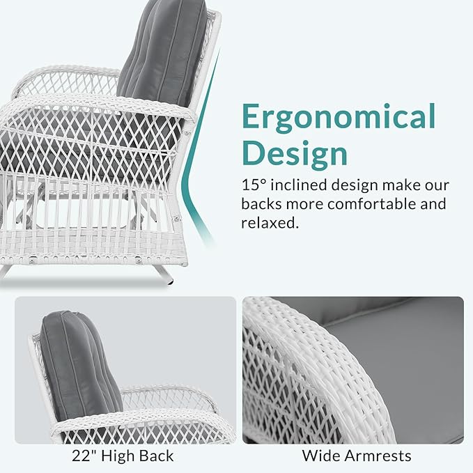 MEETWARM Outdoor Wicker Patio Glider Set, Loveseat for 2 Person Porch Furniture Glider with Glass-Top Coffee Table, Patio Glider Rocking Bench with Thickened Cushions, White Wicker/Grey