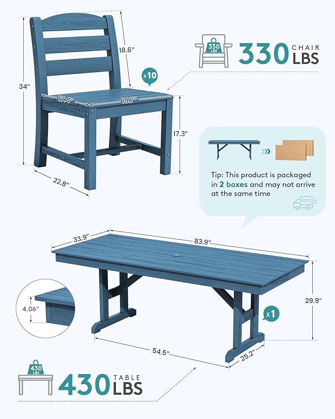 SERWALL 10 Piece Outdoor Dining Set with 15ft Triple-Head Foldable Umbrella(Based not Included), 84" HDPE Outdoor Table and Armless Chairs Set for 8, Blue