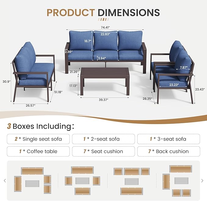 Aluminum Patio Conversation Set All-Weather Outdoor Furniture 5-Piece Sectional Sofa with 4" Cushions, Modular Patio Set for Porch Poolside Deck Yard