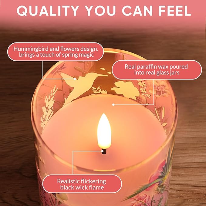 Pink Hummingbird Glass Flameless Candles with Remote, Flickering LED Pillar Candles Battery Operated Set of 3, Spring Home Shelf Decor