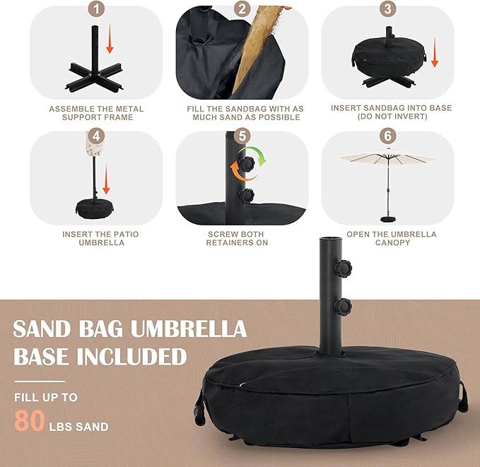 Sundale Outdoor OLEFIN LED Solar Patio Umbrella with Sand Bag Umbrella Base, Outdoor Umbrella with Tilt and Crank