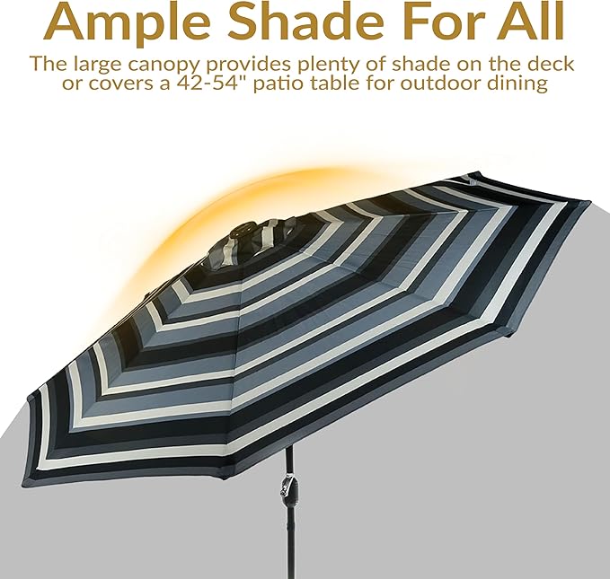Sunnydaze 9 ft Striped Patio Umbrella with Solar Lights - Polyester LED Table Market Umbrella with Tilt and Crank - Catalina Beach Stripe