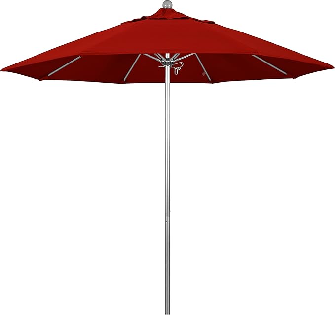 California Umbrella 9' Round Aluminum/Fiberglass Umbrella, Push Open, Silver Pole, Olefin Red Fabric