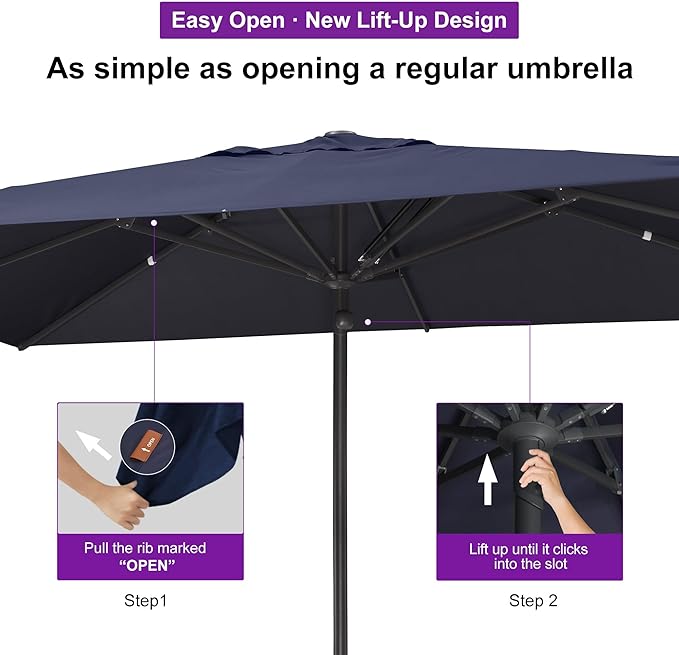 PURPLE LEAF 11' x 8' Rectangular Semi-Auto Outdoor Patio Umbrella Aluminium Market Umbrella Table Sun Umbrella with 1.89" Rod and 8 Sturdy Ribs for Deck Lawn Pool Garden, Navy Blue