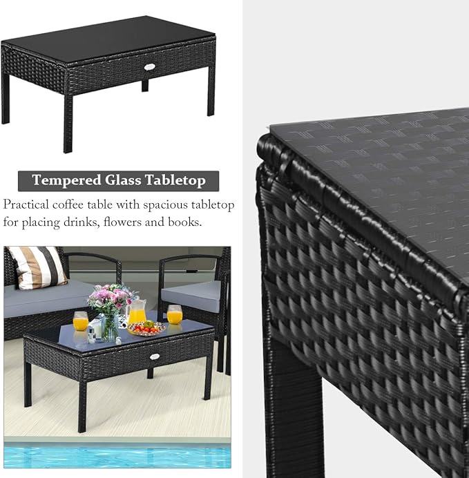 Tangkula 8-PCS Wicker Patio Conversation Furniture Set, Outdoor Rattan Chair and Table Set, Patio Furniture Sets with Coffee Table & Washable Cushions for Courtyard Balcony Garden (2, Black)