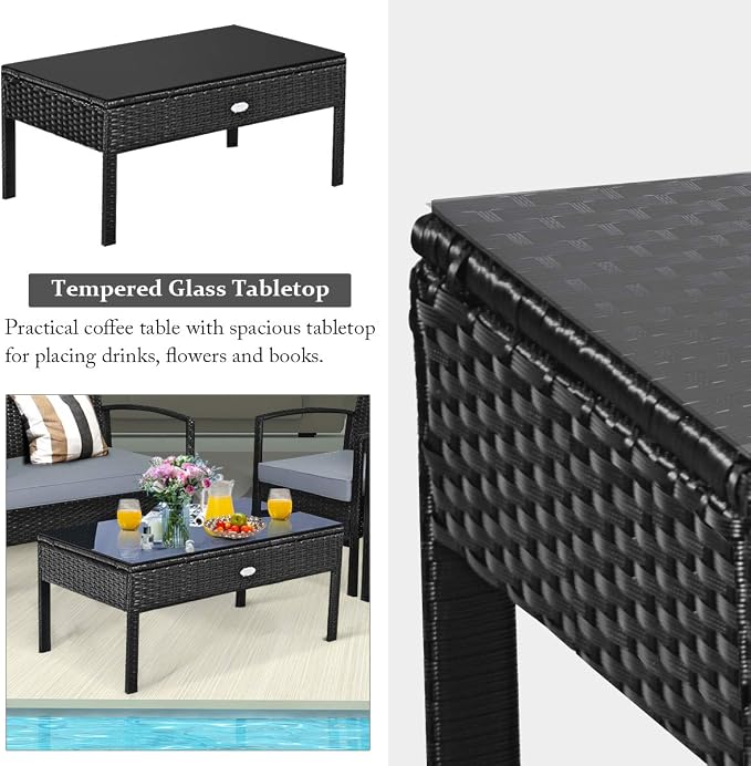 COSTWAY 4PCS Patio Rattan Furniture Set, Outdoor Wicker Conversation Set with Tempered Glass Coffee Table, Seat Cushions, Ideal for Poolside Balcony Porch Backyard
