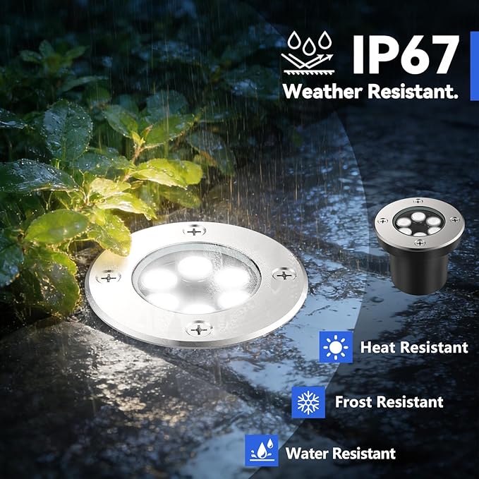 JESLED Low Voltage Landscape Lights, 6W LED Well Lights IP67 Waterproof, 6000K Bright White In-Ground Lights with Wire Connectors for Pathway, Deck, Patio, Yard, Garden (12 Pack)