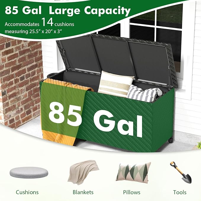 Tangkula Tightly-Woven Rattan Deck Box, Patiojoy Storage Cabinet Container with Polyester Liner, Universal Wheels & Gas Strut, 85 Gallon Indoor Outdoor Storage Box for Pillows, Cushions (Black)