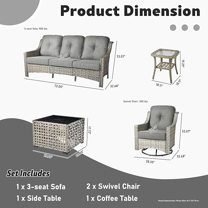 ovios 5 Piece Outdoor Patio Furniture with 3 Seat Sofa,Rattan Wicker Coversation Set with Swivel Rocking Chair,Balcony Sofa Set with Shiny Table for Outside Porch Backyard Pool, Dark Grey